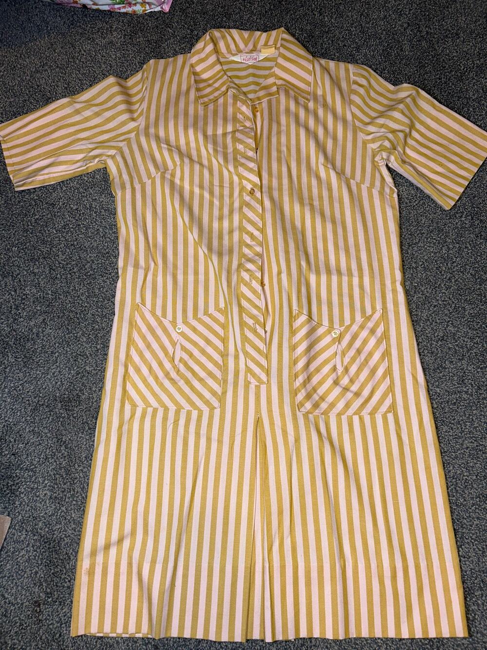 Vintage Shirt Dress, 1970s Mod Striped Short Sleeve Pocket Dress, Size M/L